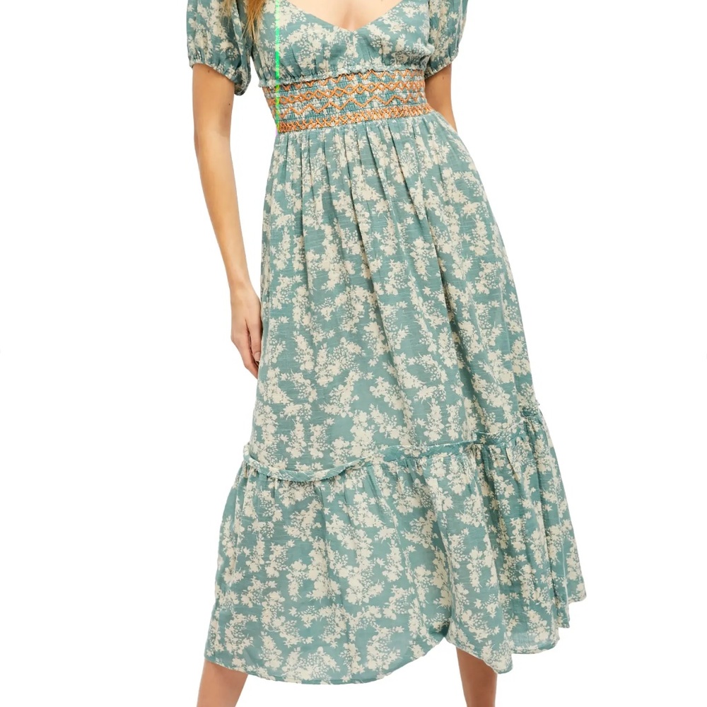 Ellie Print Smocked Midi Dress FREE PEOPLE